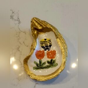 Hand-Painted Gold Oyster Shell Dish.  Size 3 x 4 1/2